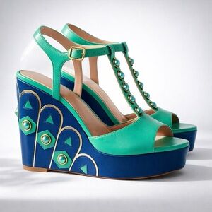 COPY: Kate Spade PEACOCK Emerald
Napa Leather Wedge Sandals, 7
EUC